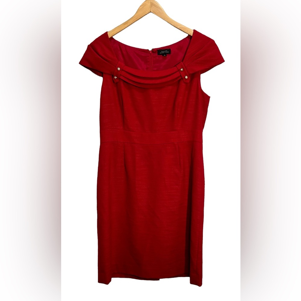 Tahari Arthur Levine Red Cap Sleeve Sheath Dress Gold Buttons Size 14